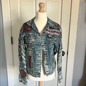 Source Unknown Distressed Denim Jacket with Red Accents